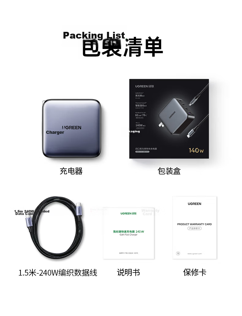 UGREEN 140W GaN Charger Set Type-C Multi-Port Fast Charger Compatible with PPS/PD100W for Apple Xiaomi 17 Phones MacBook Pro Laptop DJI 36