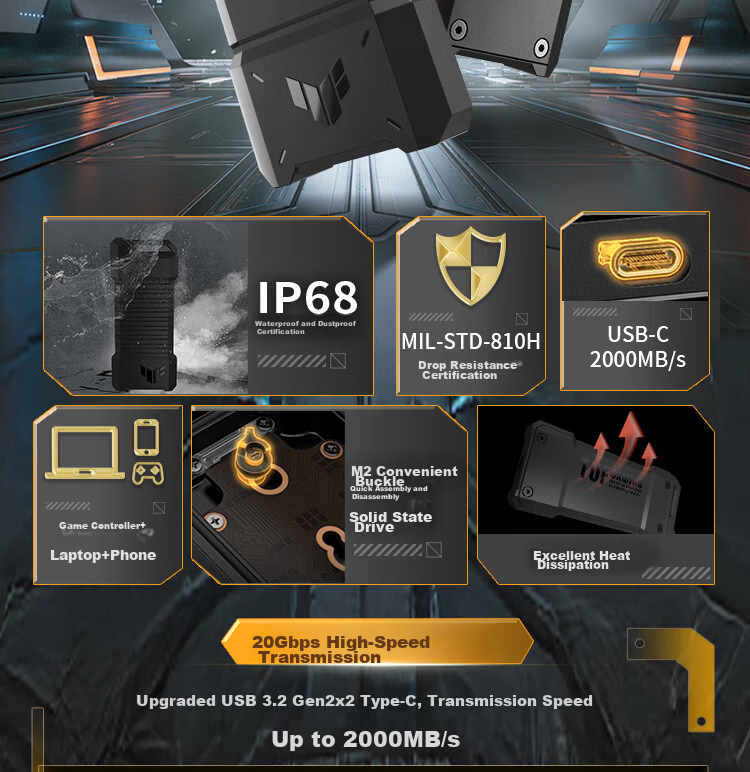 ASUS TUF GAMING Armor 20 M.2 High-Speed Portable SSD Enclosure NVME/SATA IP68 Waterproof Dustproof 1.2m Drop Resistant 20Gbps 2