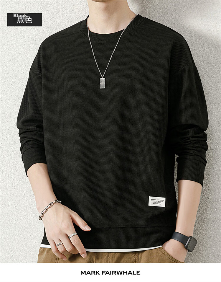 MARK FAIRWHALE Men's Spring and Autumn Waffle Knit Casual Crew Neck Long Sleeve T-Shirt White XL 15