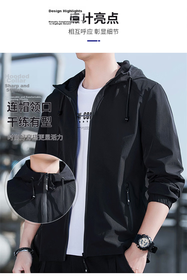 ROMON Men's Jacket Hooded 2026 Spring New Casual Men's Outerwear Black L 8