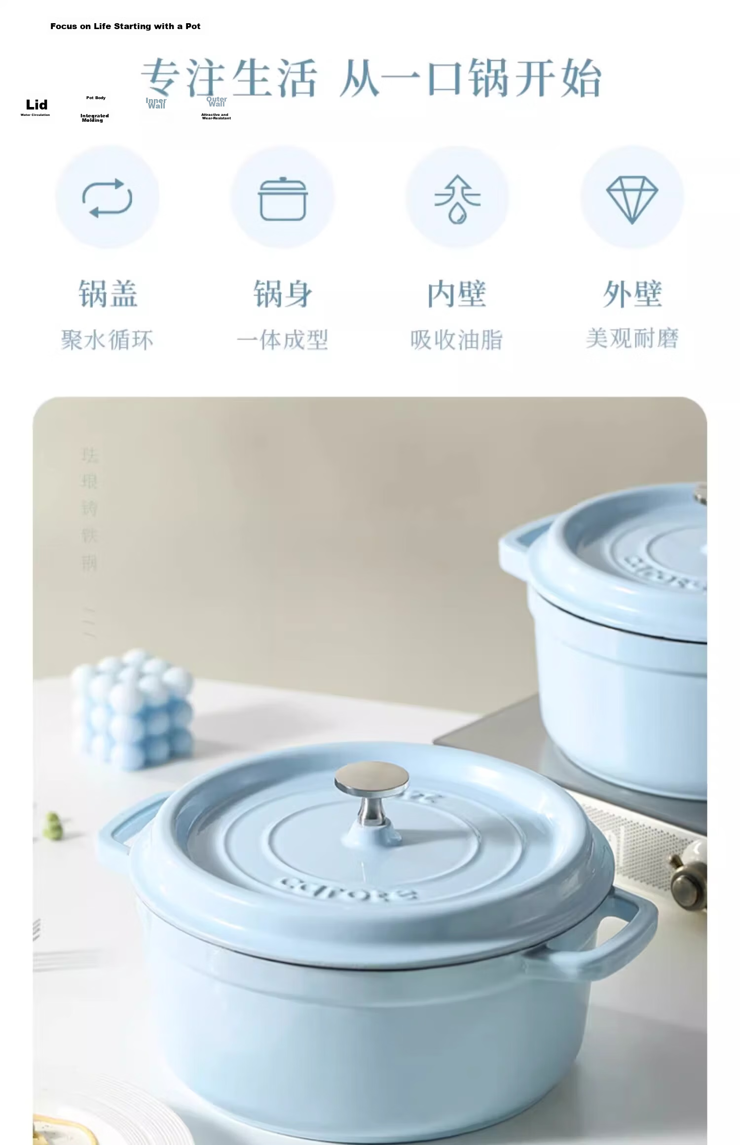 CaROTE Enamel Cast Iron Pot 26cm Non-Stick Stew Pot Casserole Soup Pot Induction Cooker Compatible 3