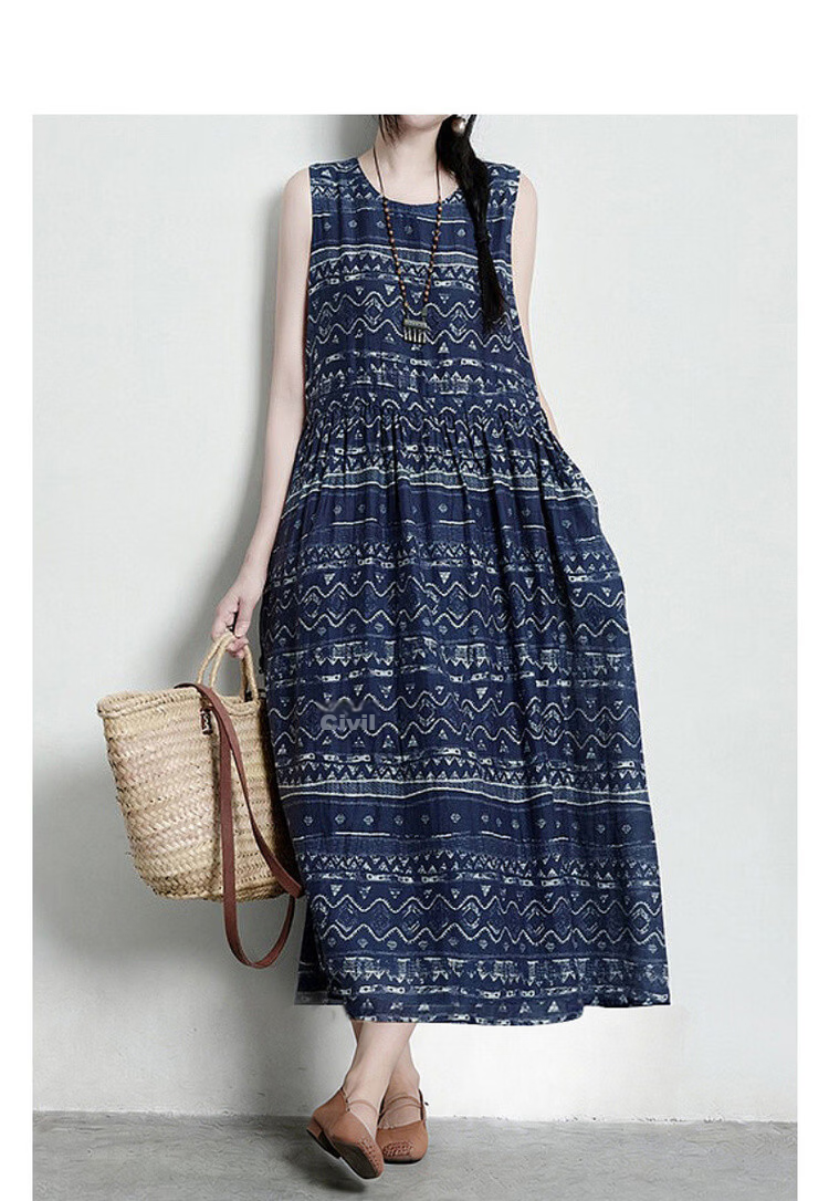 Demana [Artistic Forest Girl] Summer Ethnic Style Printed Round Neck Sleeveless Drawstring Slim Fit Dress for Women Premium Quality 3