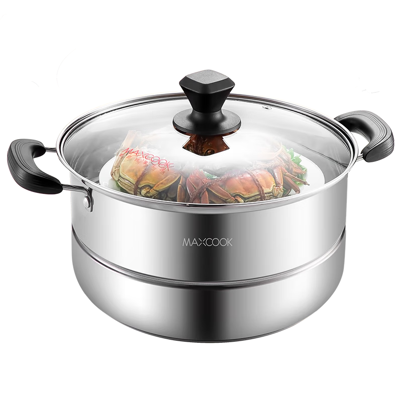 MAXCOOK Stainless Steel 26cm Double-Layer Steamer Pot with Temperature-Sensing Design, Single Bottom, Compatible with Gas and Induction Stoves MCZ880