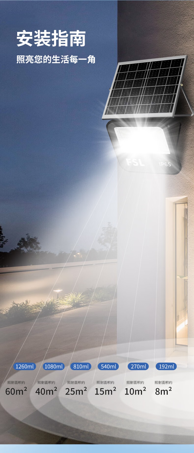 FSL Foshan Lighting Solar Outdoor Street Light New Rural IP65 Waterproof Super Bright Floodlight 1080lm with 2.2m Charging Cable and Remote Light Control 18