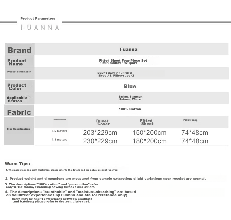 FUANNA Bedding Set, Pure Cotton 100%, Four-Piece Set Including Fitted Sheet And Duvet Cover, Shiyian Style, 203*229cm 10