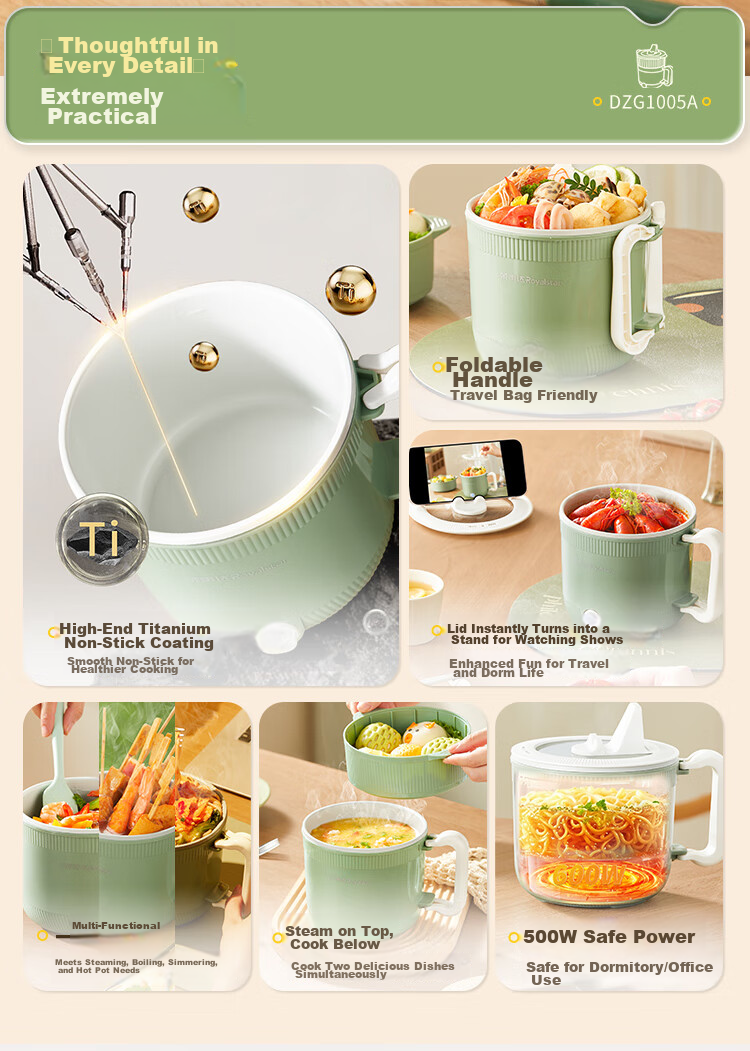 Royalstar Electric Cooking Pot Foldable Portable Small Electric Cooker for Dormitory Household Student Room All-in-One Instant Noodle Hot Pot Electric Heating Pot Titanium Coating Multifunctional Pot  2