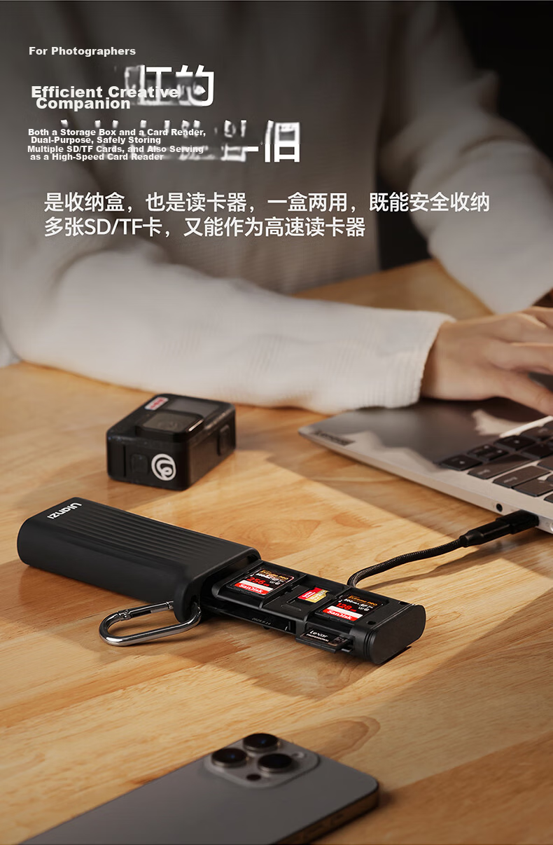 Ulanzi CR1 Three-In USB/Type-C Card Reader 3.1 High-Speed SD/TF Compatible with Computers, Tablets, Smartphones, Action Cameras, Drones, CCD Surveillance Storage Cards 3