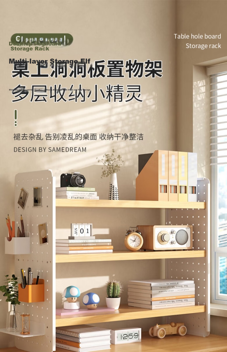 XIAOJIANGCAI Desktop Storage Rack, Office Desk Bookshelf, Simple Multi-Layer Desk Organizer for Students, Three-Tier Pegboard Cabinet, 60cm 4