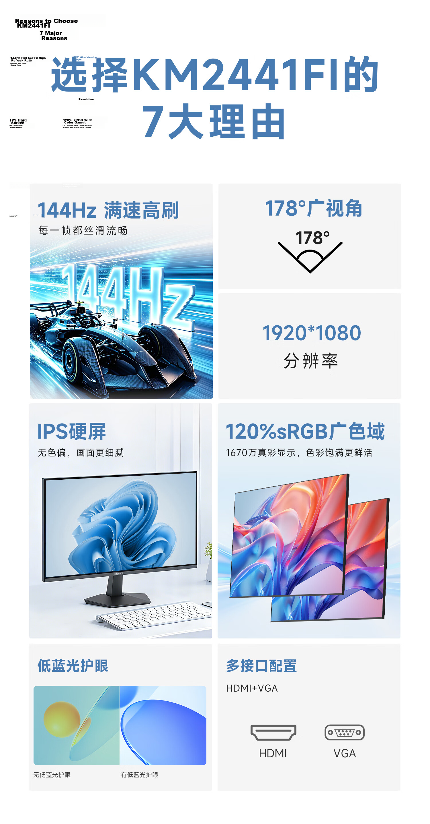 KONKA 23.8-inch Monitor FHD 144Hz Eye Protection Low Blue Light Wall-Mountable 120% sRGB Wide Color Gamut Home Office Gaming Monitor KM2441FI 2