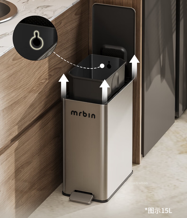 Mr.Bin Living Room Stylish Trash Can Kitchen Pedal Covered Large Household Stainless Steel Bathroom Luxury 15L Gray 15