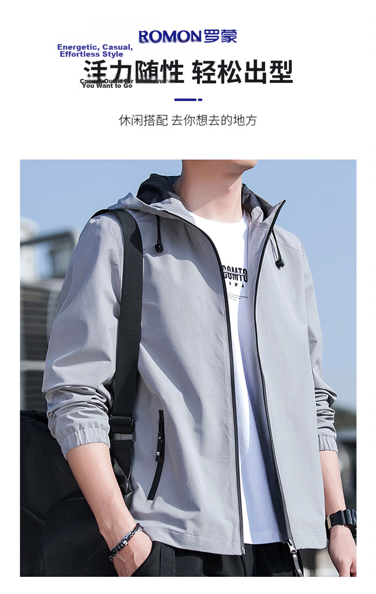 ROMON Men's Jacket Hooded 2026 Spring New Casual Men's Outerwear Black L 6