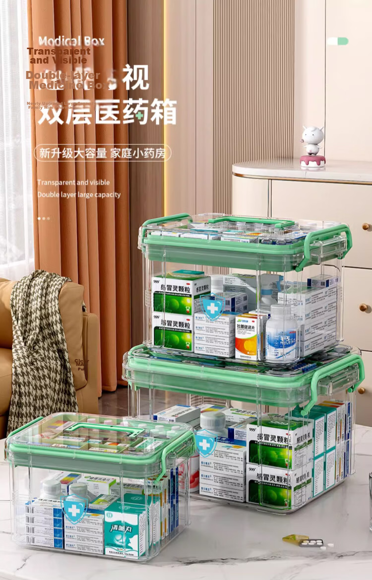 EACHY Medicine Box Household Medicine Storage Box Transparent Plastic Storage Box Green Extra Large Two Layers 1