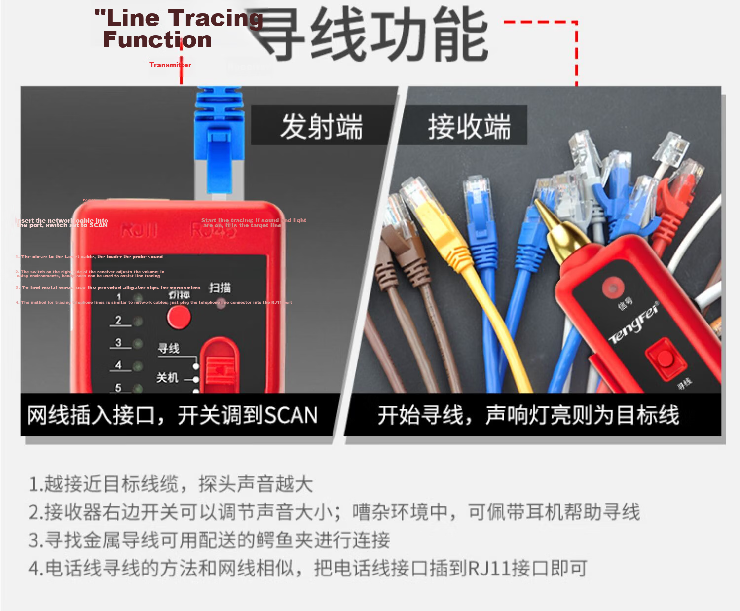 Tengfei Network Cable Tester with Bag Multifunctional Telephone Network Line Tracker Switch Line Finder Anti-Interference 60V Voltage Resistant Cable Tracer Detector 14