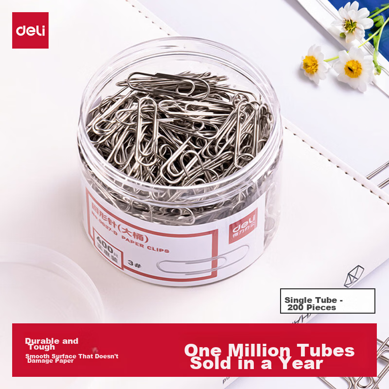 Deli Nickel-Plated Paper Clips 29mm No.3 Rust-Resistant Metal 200pcs/Tube Office Stationery 0037