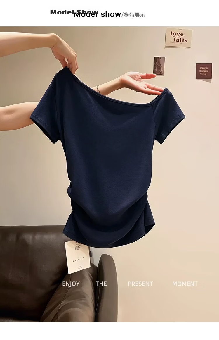 Shuangxing Women's Summer New Sexy Off-Shoulder Short Sleeve T-Shirt, Ruched Waist Slim Fit, Black, XL 8