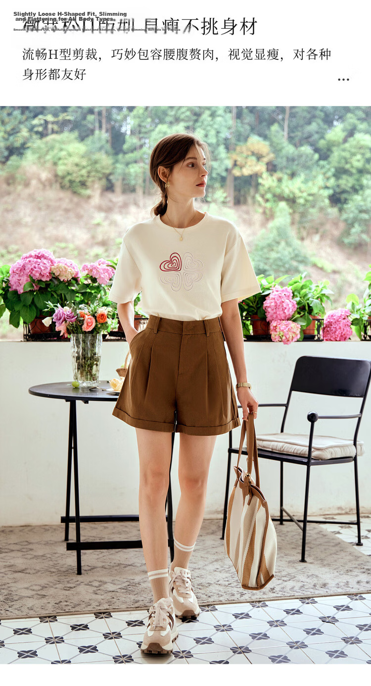 Olrain French Style Short Sleeve T-Shirt Women Summer Heart Embroidery Simple Round Neck Loose Top Apricot L 8