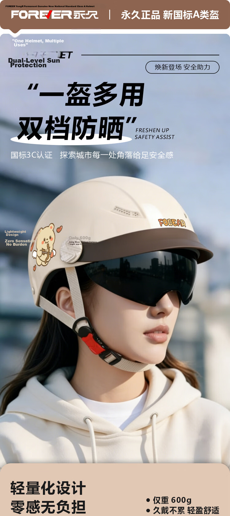 FOREVER 3C Certified New National Standard Electric Vehicle Helmet Unisex Half Helmet Summer Sun Protection Breathable Dual Lens Four Seasons Universal Motorcycle Safety Helmet C05 Shadow Gray Dual Le 1
