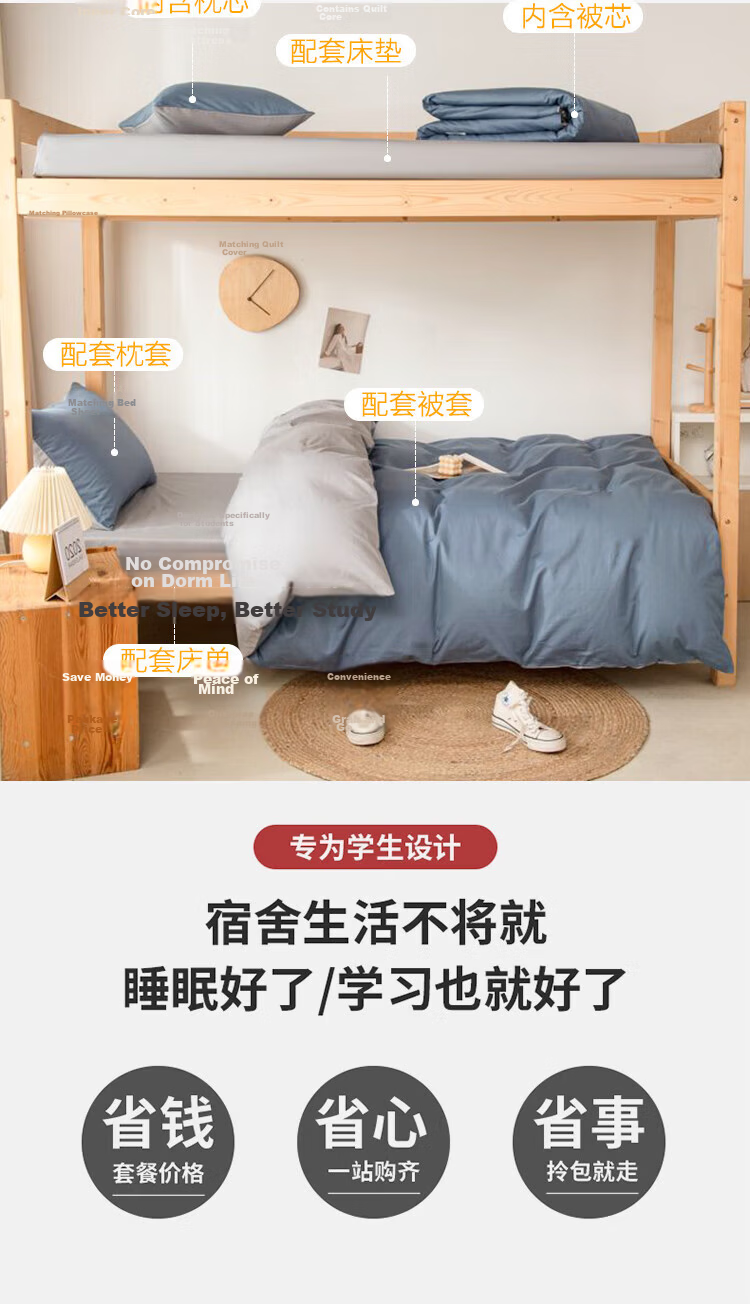Nanjiren Student Bedding Set Dormitory Six-Piece Set (Three-Piece Set + Pillow Core + Quilt Core + Mattress) Quilt and Mattress Combination 3