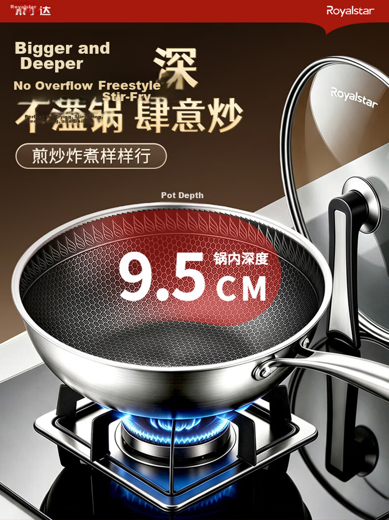 Royalstar Titanium Non-Stick Wok 304 Stainless Steel Household Frying Pan Flat Bottom Skillet Compatible with Induction Cooker and Gas Stove 10