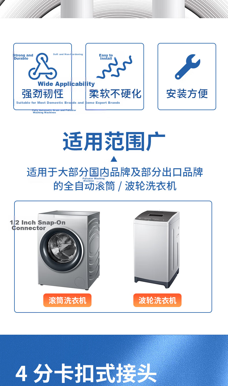 Lelandi Fully Automatic Washing Machine, 4-Meter Inlet Hose, 1/2 Inch Connector, Extended Hose, 4m, for Fully Automatic Drum And Impeller Washers, Water Inlet Extension Hose, Universal Interface with Steel Head, L8085 2
