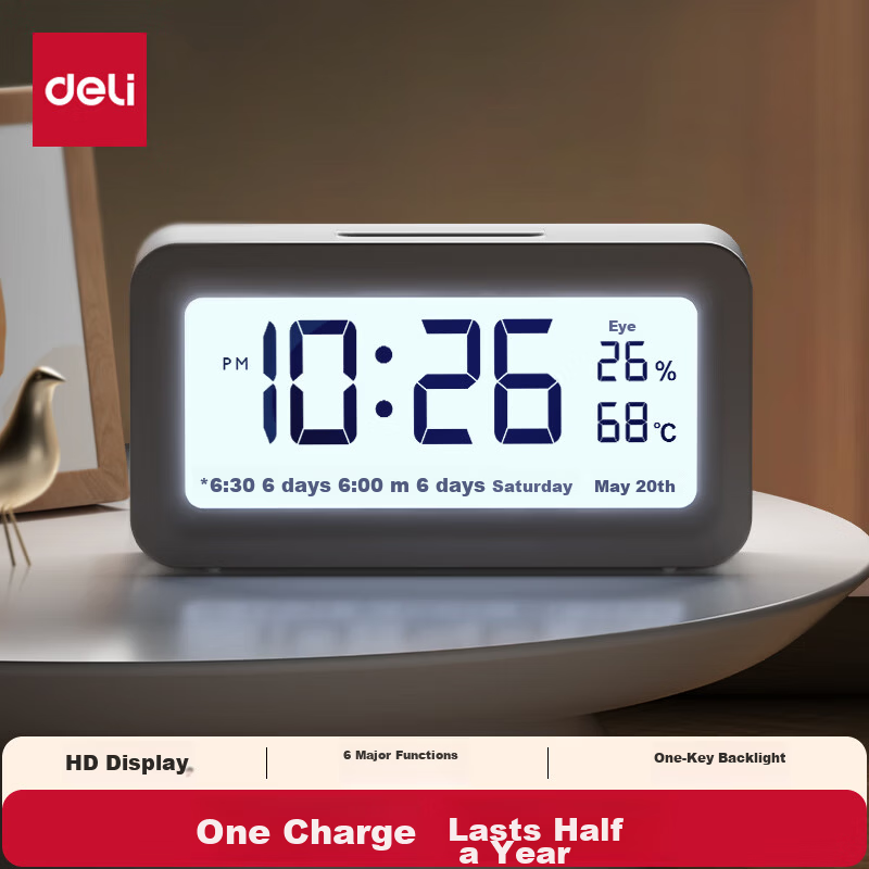 Deli Rechargeable Electronic Alarm Clock with Backlight, Home Student Children's Thermo-Hygrometer Bedside Clock, Essential for School Start, White LE103A, New Year Gift, Back-to-School Season
