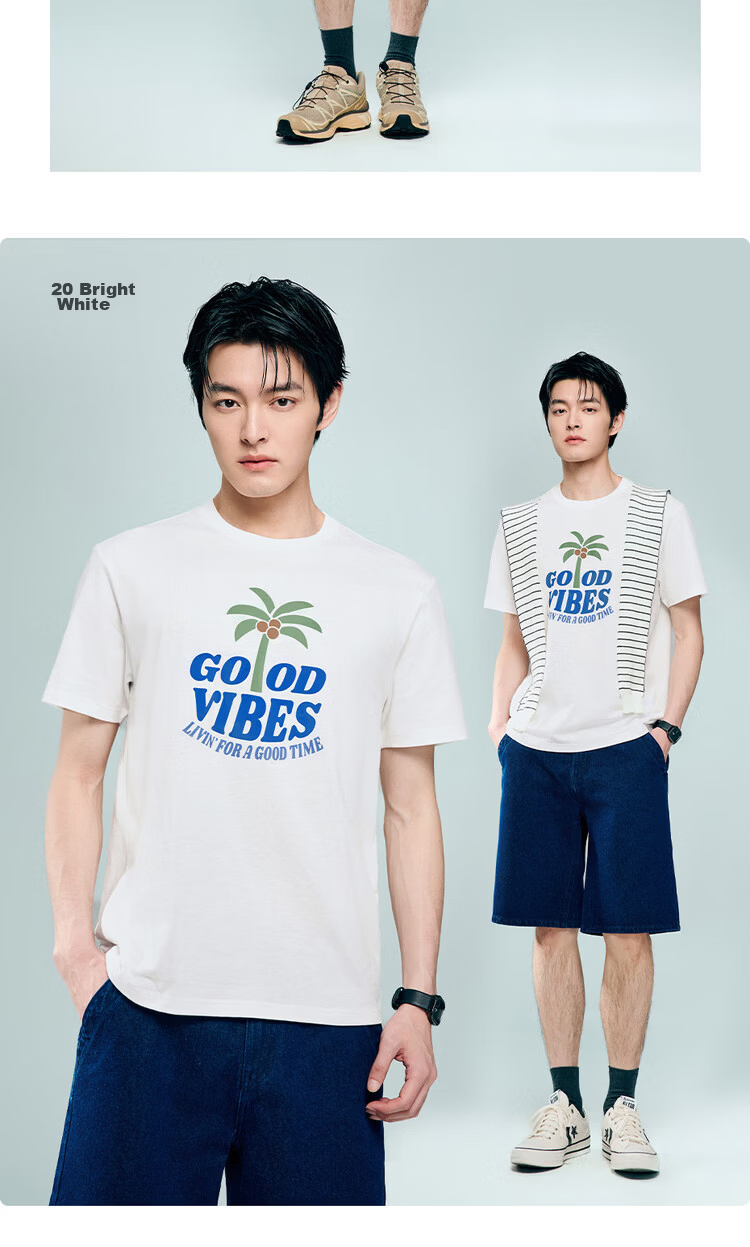 Giordano Men's Short Sleeve T-Shirt Summer New Pure Cotton Vacation Beach Theme Printed Crew Neck Top 13096305 15