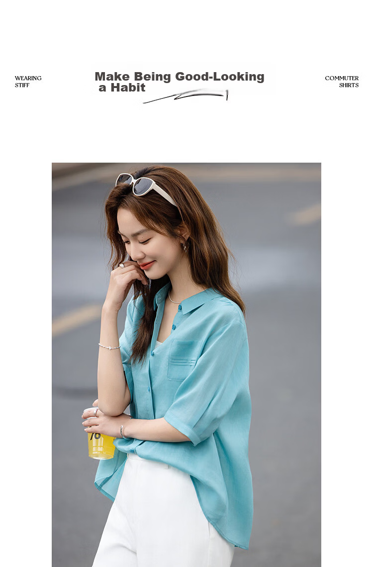 Demana [Ramie Lyocell Blend] Summer Elegant Small Turn-down Collar Pleated Patch Pocket Loose Slimming Shirt for Women High-end Feel 8