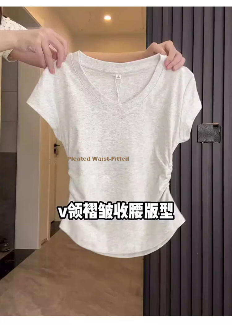 Shuangxing Women's V-Neck Short Sleeve T-Shirt Spring Summer New Design Pleated Waist Slim Fit Cropped Top Navy Blue S 7