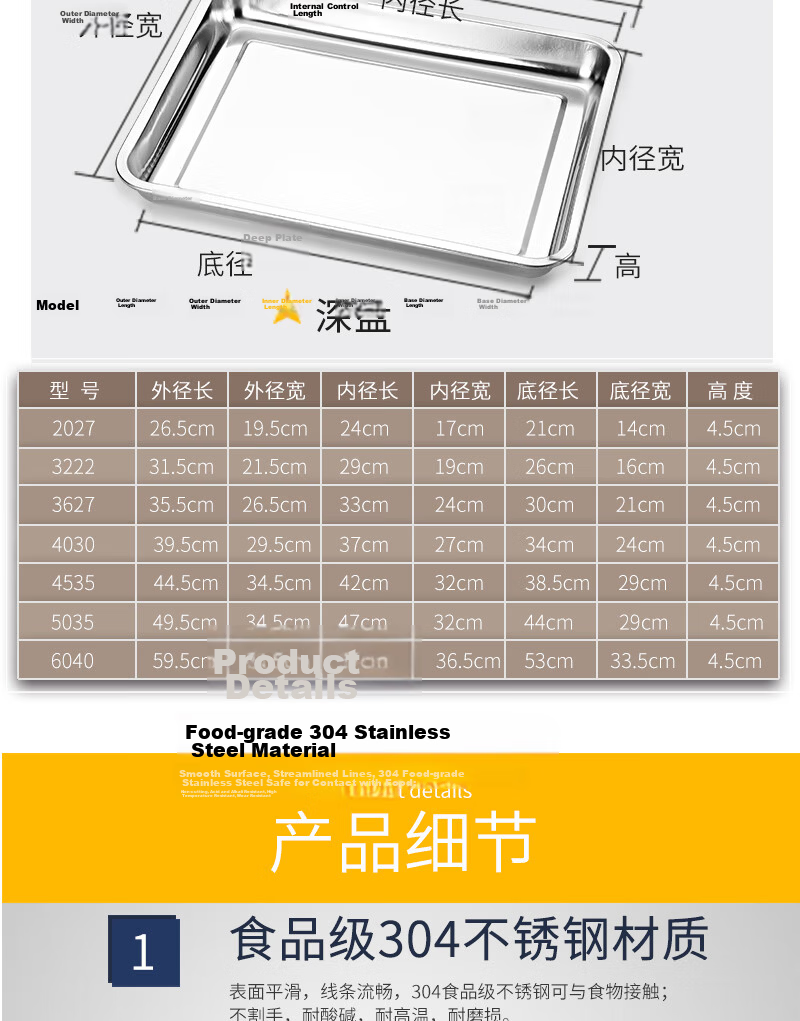 YUTAI 304 Stainless Steel Square Tray, Rectangular Tray, Serving Tray for Street Vendors, Cold Dish Tray, Barbecue Tray, Braised Food Plate 5035 10