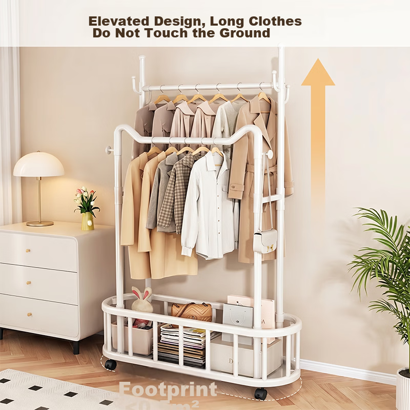 HaixiFang Floor Coat Rack with Wheels Cat Ear Design Double Rod 80cm White for Bedroom Balcony Small Spaces HL22 11