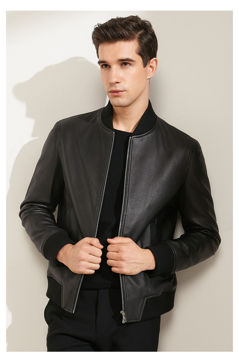 雪豹男士皮夹克 绵羊皮皮衣棒球领时尚休闲短款外套 黑色 52