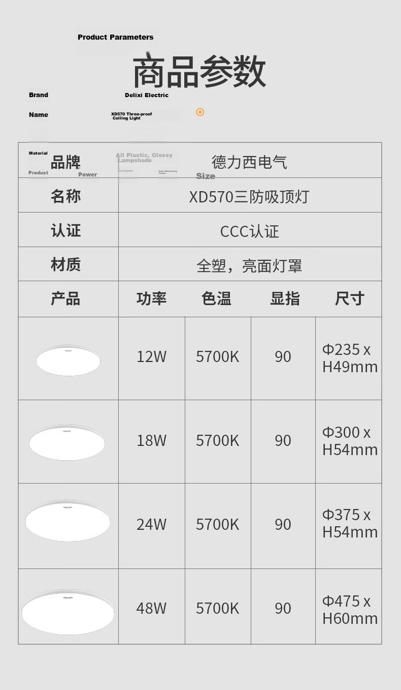DELIXI LED Tri-Proof Ceiling Light, Ultra-Thin, for Balcony, Bedroom, Study Room, Hallway, 12W Cool White 8