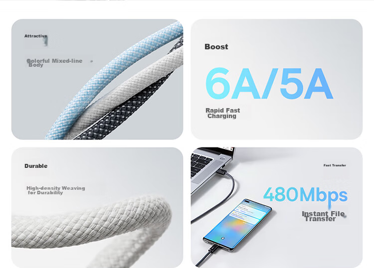 Baseus Type-C Data Cable, 6A, Suitable for Huawei Honor Super Fast Charging 100W/66 Charging Cable, WPura70/Mate70/60Pro+, Xiaomi Android Phones, Car Charger, 1 Meter White 6