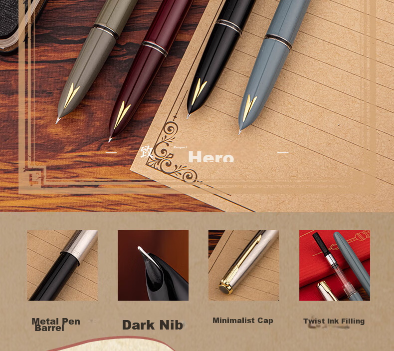 HERO Fountain Pen 616S, Metal Barrel with Hidden Nib, Classic Retro Upgraded Version, Midnight Red, EF Hidden Nib 2