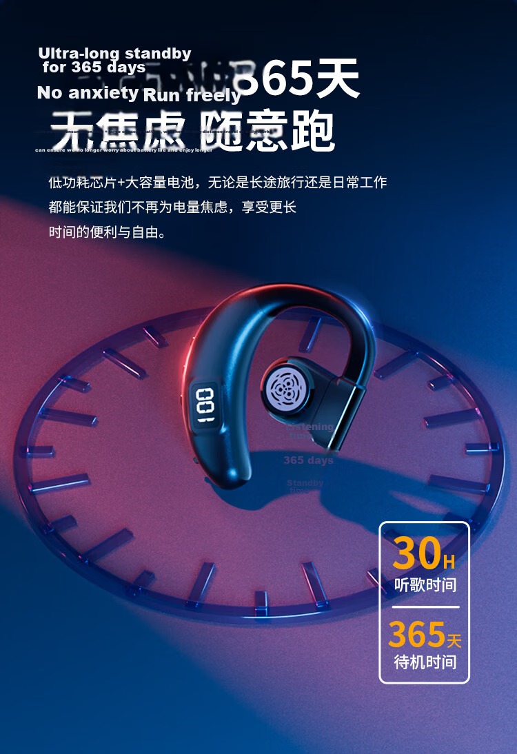 OKSJ New Upgrade Bluetooth Ear Hook Wireless Bone Conduction Single Ear Clip Non-In-Ear Sports Running Headset for Android and Apple Phones 8