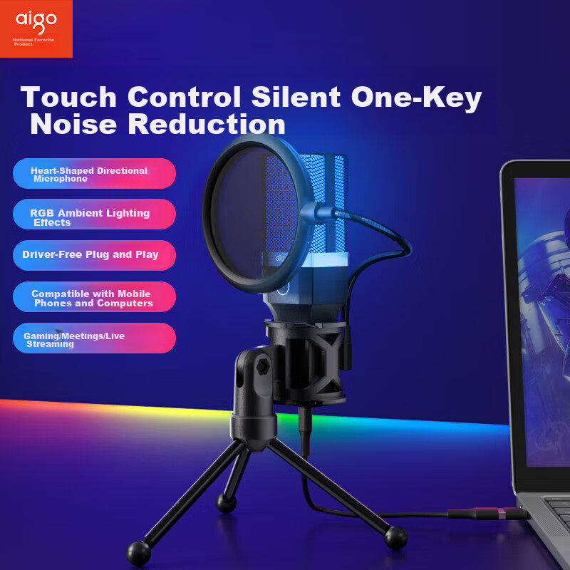 Aigo K18 USB Computer Microphone Live Streaming Conference Gaming Desktop Laptop Mobile Phone Desktop Karaoke Condenser Microphone for Online Classes