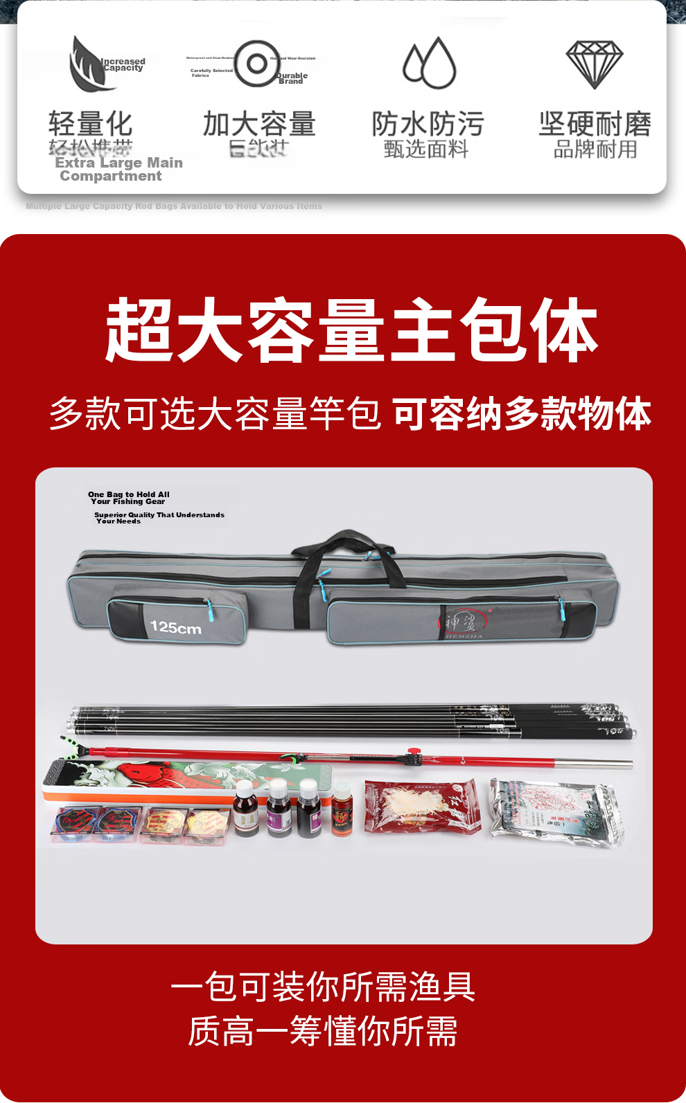 Shensha Fishing Tackle Bag, Rod Bag, Fishing Bag, 125cm Multifunctional Rod Bag, Thickened Large Capacity Waterproof Double-Layer Fishing Tackle Bag 3