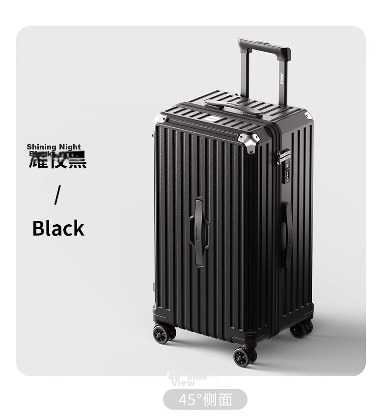 DULA Five-Wheel Large Capacity Suitcase with Cup Holder, Travel Luggage, Charging Trolley Case, Password Lock, Leather Suitcase, Glossy Black, 24 Inches 30