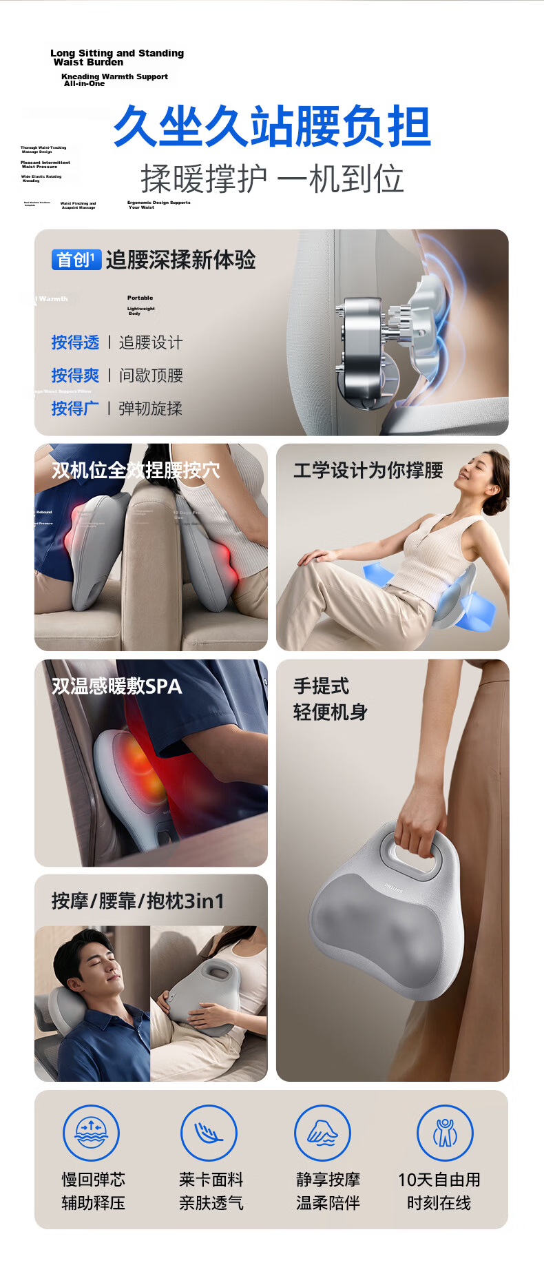 PHILIPS Waist Massager Cushion Shoulder Neck Back Massager Lumbar Heat Kneading Tapping Gift for Parents and Loved Ones 3117B 4