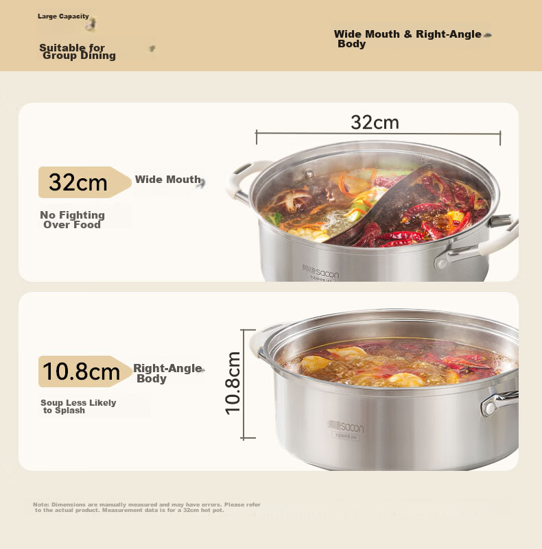 Sacon Hot Pot Dual-Flavored Pot 304 Stainless Steel Soup Pot Straight Body Anti-Scald Suitable for Open Flame and Induction Cooker 32cm 7