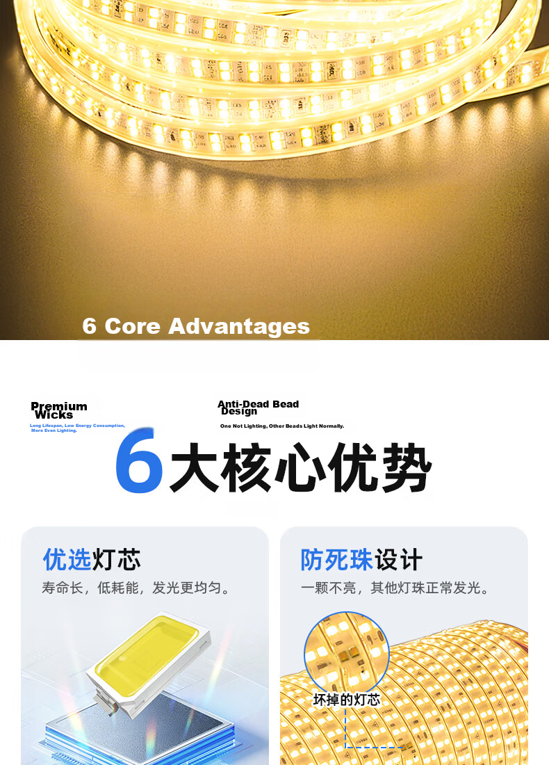 Deyan LED Strip Light 220V High Voltage Outdoor Waterproof Lamp Hotel Villa Project Super Bright Linear Decorative Light Outdoor Lighting 100m White Light [6W-120 LEDs/m] 2