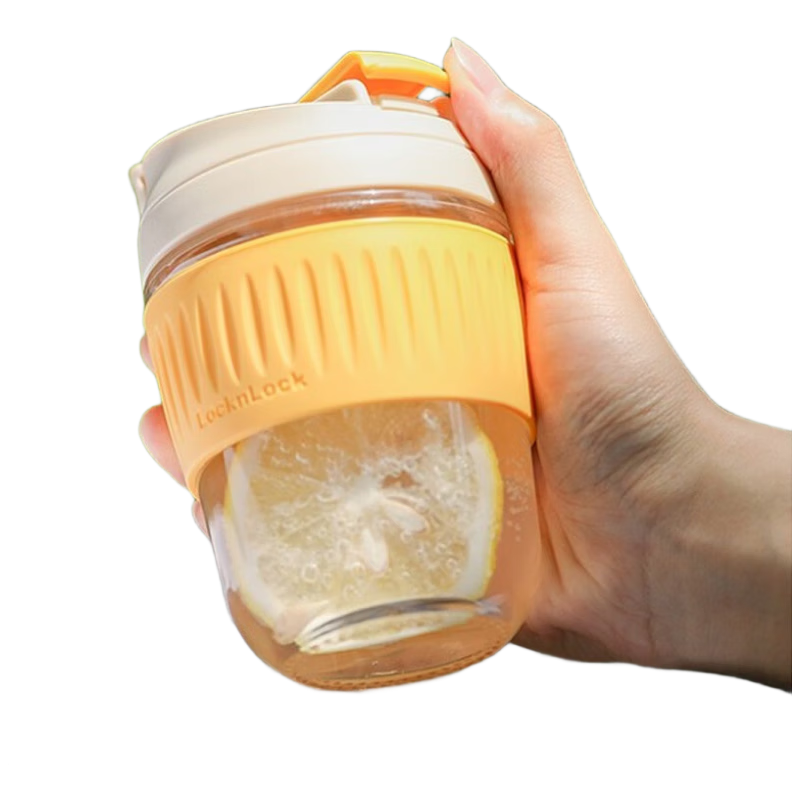 LOCK&LOCK Coffee Mug Heat-Resistant Glass Water Cup Portable Double-Drink Straw Cup 350ML Yellow