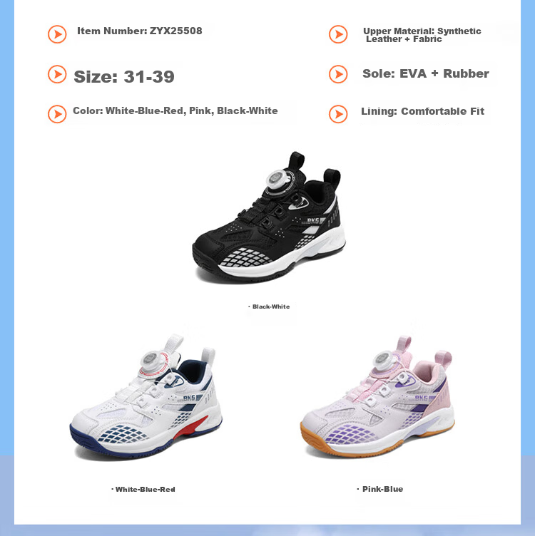 BKG Children's Badminton Shoes, Non-Slip, Sports, Student Wear-Resistant, Rotary Buckle Shoes ZYX25508, Black And White, Size 39 4