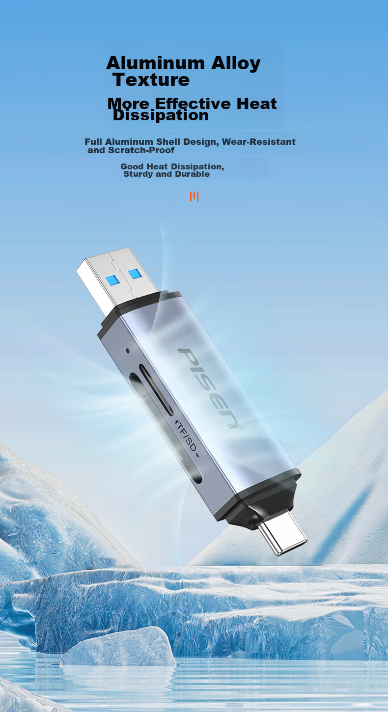 Pisen Type-C High-Speed Card Reader SD/TF Multi-In Card Reader Supports Computer, Apple 15/16 Phones, DSLR Cameras, Dash Cams, Surveillance Storage Memory Cards 7