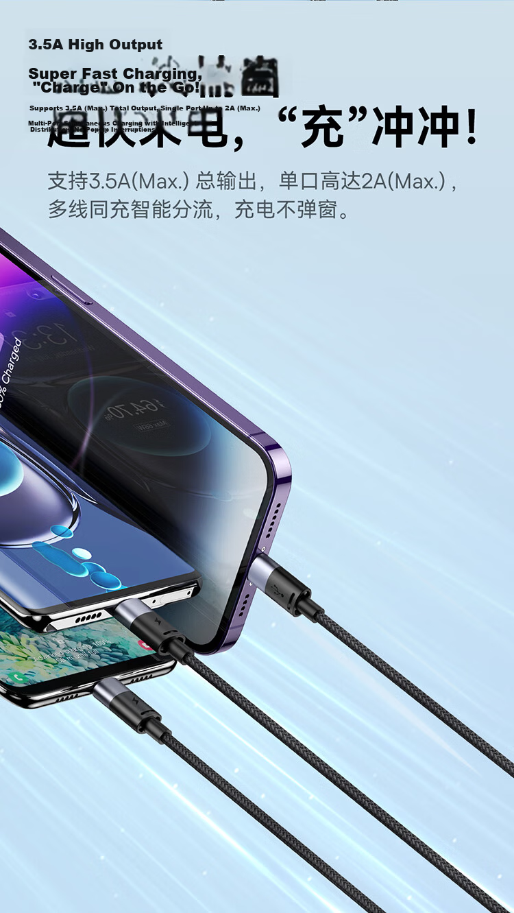 BASEUS Data Cable Three-In Type-C Apple Charging Cord, One-To Compatible with IPhone 18/17/16/15/14/13, Xiaomi, Huawei Phones, Car Charger, 1.2 Meters, Purple 5