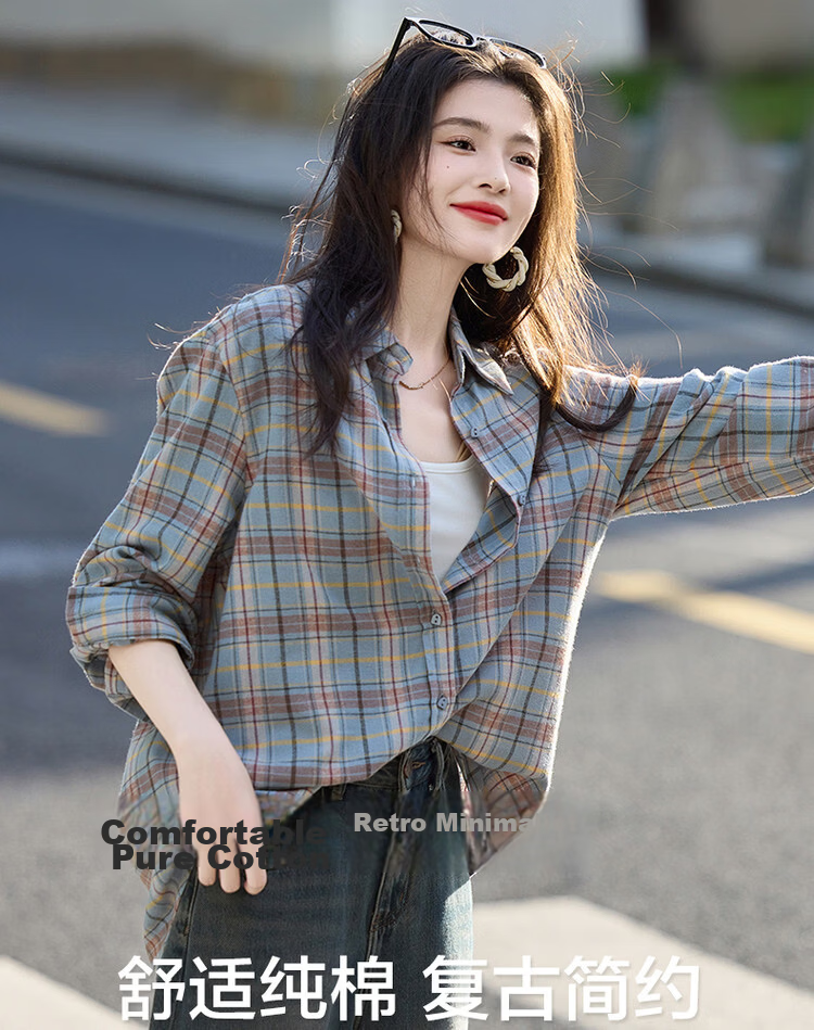 Demana Spring Autumn Breathable Pure Cotton Vintage Plaid Shirt Comfortable Slimming Blouse Women's Dark Blue L 1