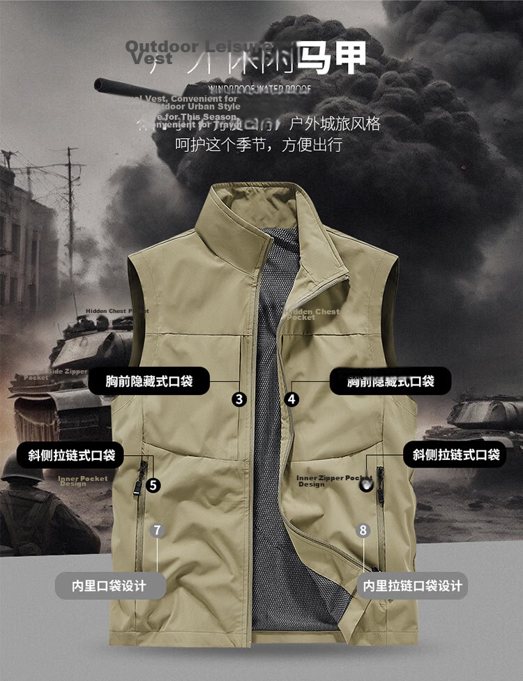 JEEP SPIRIT Men's Outdoor Casual Quick-Dry Vest Blue 3XL Autumn Breathable Simple Stand Collar Photography Jacket 7