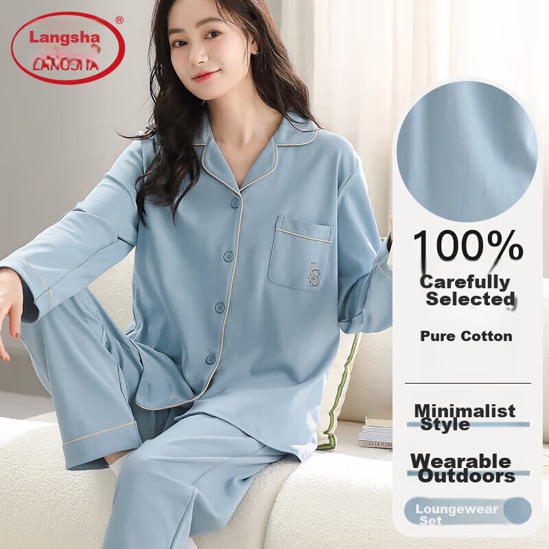 Langsha Women's Sleepwear (Antibacterial + Pure Cotton) Spring and Autumn Long Sleeve Long Pants Two-Piece Homewear Plus Size Winter Set