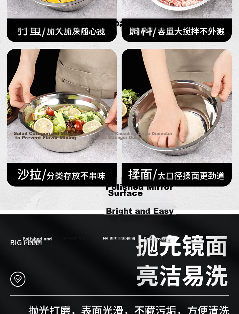 BJ Stainless Steel Bowl, Stainless Steel Bowl, Soup Pot, Kitchen Large Soup Bowl, Rice Bowl, Salad Bowl, Seasoning Bowl, 24CM, Set of 2 8