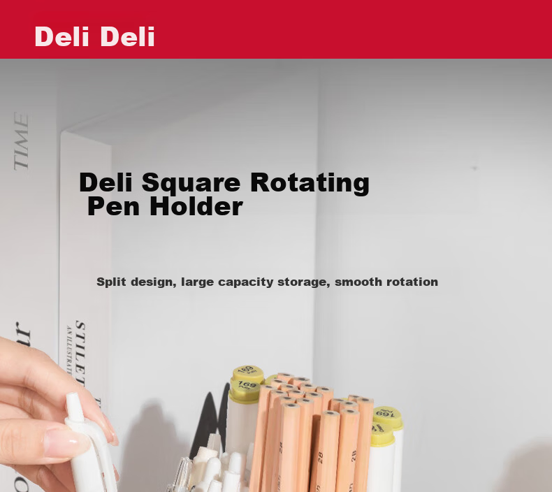 Deli Creative Rotating Pen Holder Simple Multifunctional Large Capacity Desk Organizer Storage Box Transparent PK200 1
